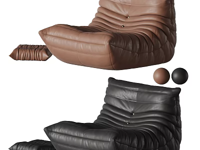 Brown And Black Leather Single Sofa With Tufted Design And Matching Ottoman 3d model