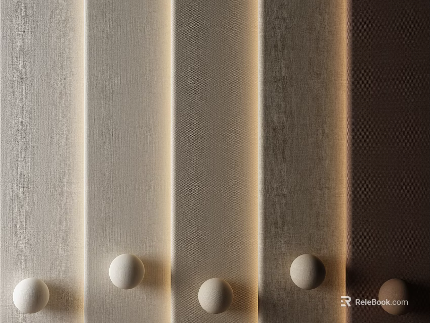 Linen Textured Beige Wall Design With Vertical Stripes And Round Decorative Hooks 3d model 