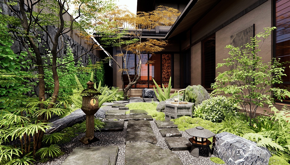 Traditional Japanese Garden With Stone Path Lanterns And Maple Trees 3d model 