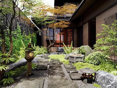 Traditional Japanese Garden With Stone Path Lanterns And Maple Trees 3d model