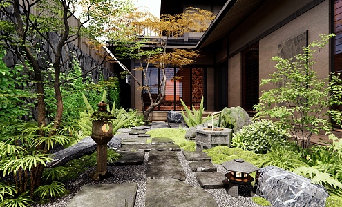 Japanese Zen Courtyard Garden Tingbu Green Slate Water Pot Waterscape Plant Combination Moss Landscape Stone Micro-terrain Plant Landscaping Flowers and Plants 3d model