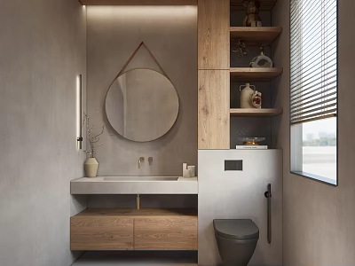 Modern Bathroom Interior With Round Mirror Wooden Vanity Toilet And Gray Walls 3d model