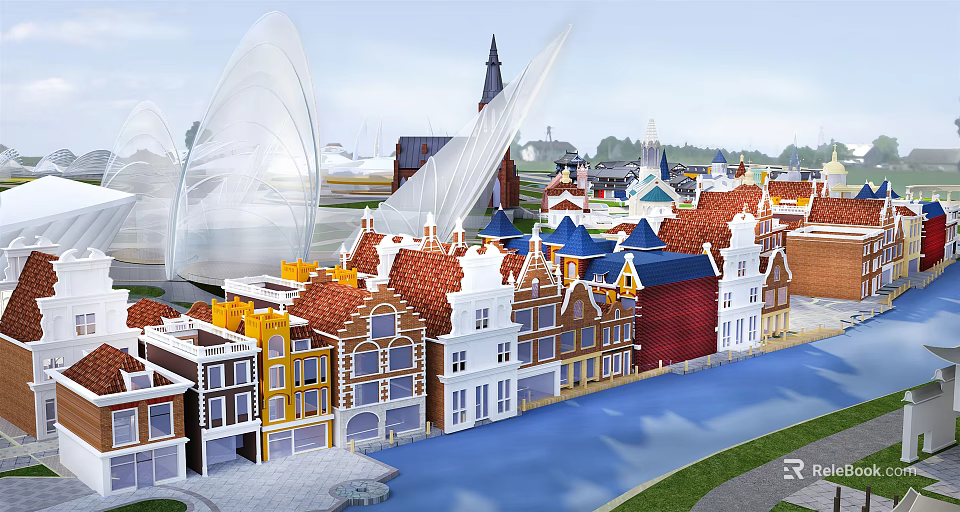 Colorful European Traditional Style Buildings Along Canal With Modern White Arch Structures 3d model 