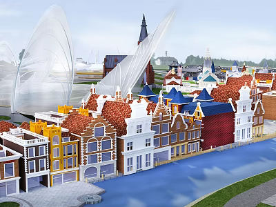 Colorful European Traditional Style Buildings Along Canal With Modern White Arch Structures 3d model