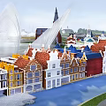 Colorful European Traditional Style Buildings Along Canal With Modern White Arch Structures