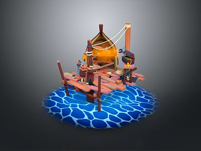 Wooden Dock Model Scene With Small Boat Ropes Figure And Blue Water Waves 3d model