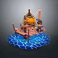 Wooden Dock Model Scene With Small Boat Ropes Figure And Blue Water Waves