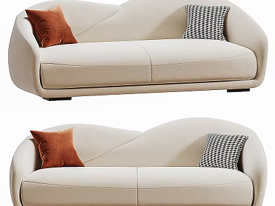 Modern Beige Multi seat Sofa Design With Brown And Black White Checkered Pillows 3d model