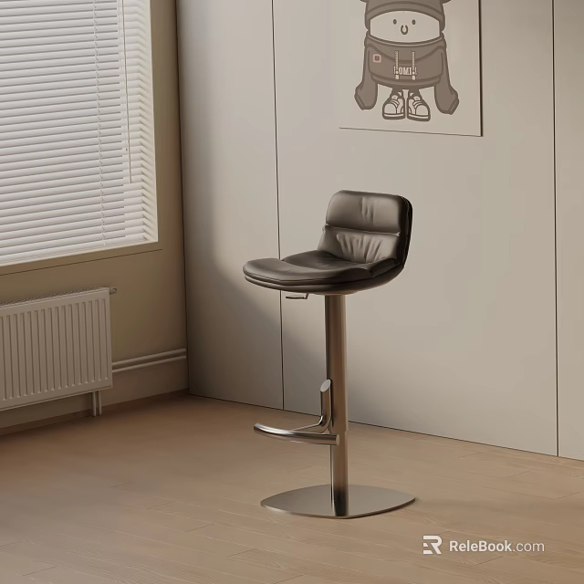 Modern Black Leather Bar Stool With Metal Base Near Window Blinds And Light Colored Wall 3d model 