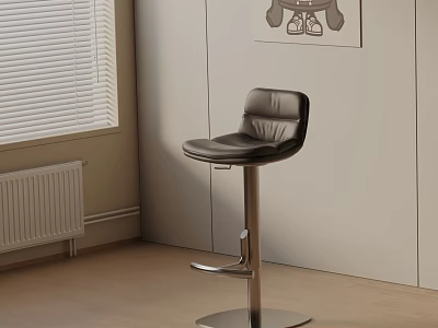 Modern Black Leather Bar Stool With Metal Base Near Window Blinds And Light Colored Wall 3d model