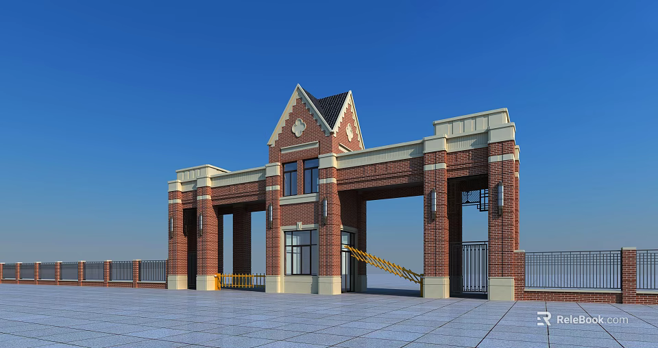Classic Red Brick Gate with Gabled Roof and Columns in Open Square Against Blue Sky 3d model 