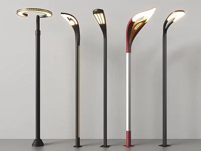 Outdoor Street Lights With Black Red White Poles And Various Illuminated Designs 3d model