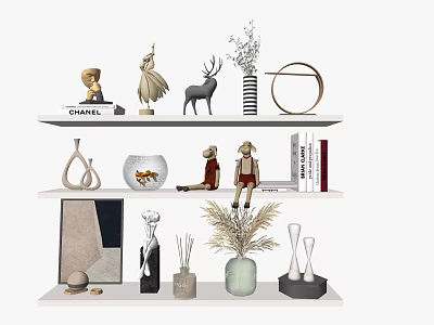 Stylish Decorative Ornament Combination on Shelves with Sculptures Vases Books and Dried Plants 3d model