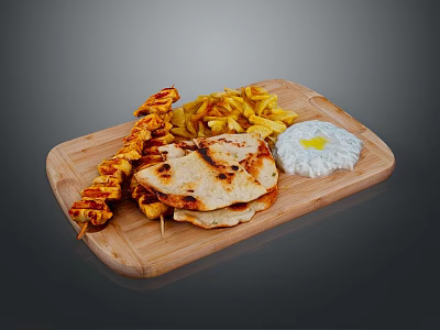 Tasty Grilled Chicken Skewers with Flatbread French Fries Fried Egg and Rice on Wooden Platter 3d model