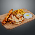Tasty Grilled Chicken Skewers with Flatbread French Fries Fried Egg and Rice on Wooden Platter