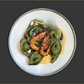 Fresh Green Dumplings with Juicy Shrimp on White Plate and Vegetable Garnish