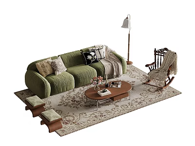 Cozy Green Sofa and Coffee Table Set with Throw Pillows Floor Lamp and Area Rug 3d model