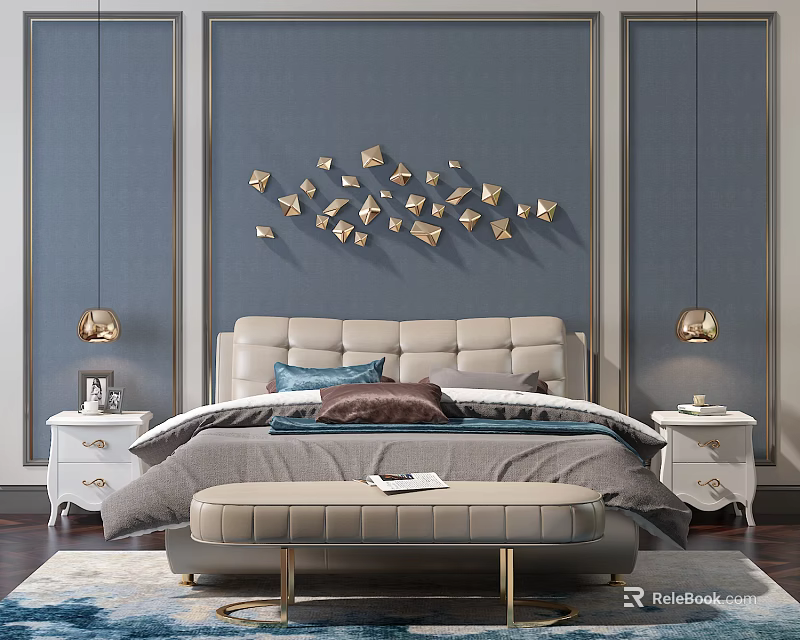 Elegant Double Bed Interior With Gray Blue Walls Gold Geometric Decor Beige Headboard And Bench 3d model 