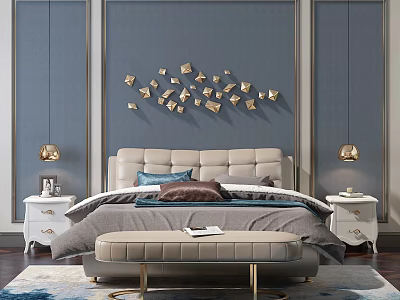 Elegant Double Bed Interior With Gray Blue Walls Gold Geometric Decor Beige Headboard And Bench 3d model