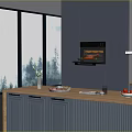 Modern Kitchen With Built In Oven Large Windows Trees View Gray Cabinets And Countertop