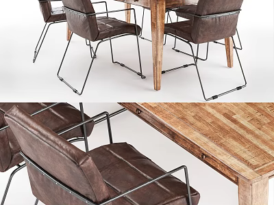 Rustic Wooden Dining Table Set With Brown Leather Chairs And Metal Legs 3d model