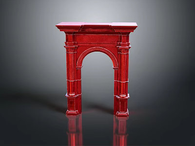 Red Decorative Fireplace With Arch Structure And Ornate Columns For Interior 3d model