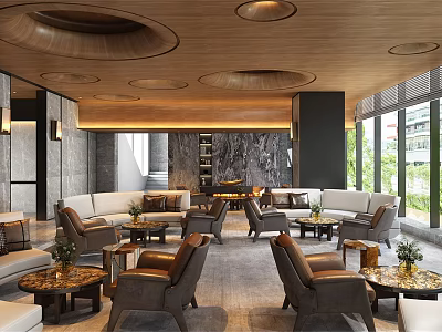 Elegant Restaurant Interior With Wooden Ceiling Circular Lights Marble Wall And Floor To Ceiling Windows 3d model