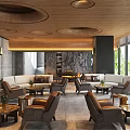 Elegant Restaurant Interior With Wooden Ceiling Circular Lights Marble Wall And Floor To Ceiling Windows