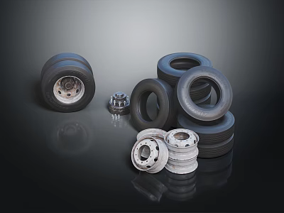 Various Car Tires Stacked And Individual With Shiny Wheel Rims On Dark Reflective Surface 3d model