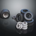Various Car Tires Stacked And Individual With Shiny Wheel Rims On Dark Reflective Surface
