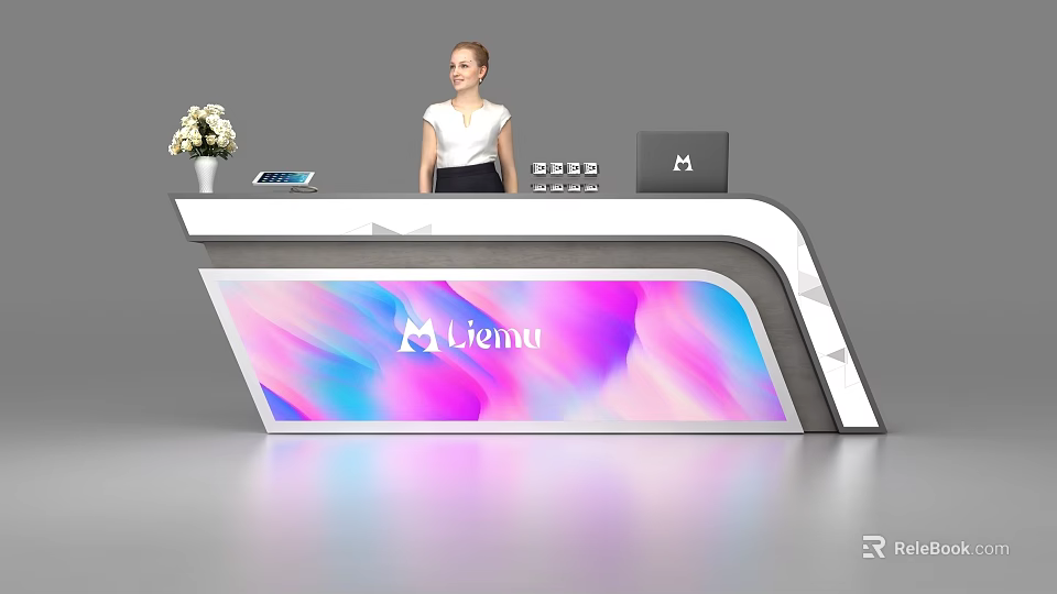 Modern Reception Desk with Digital Display Lienna Logo Flower Vase Tablet and Receptionist 3d model 