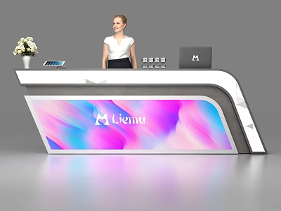 Modern Reception Desk with Digital Display Lienna Logo Flower Vase Tablet and Receptionist 3d model
