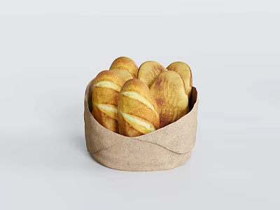 Golden Striped Bread Loaves in Paper Bag on White Background 3d model