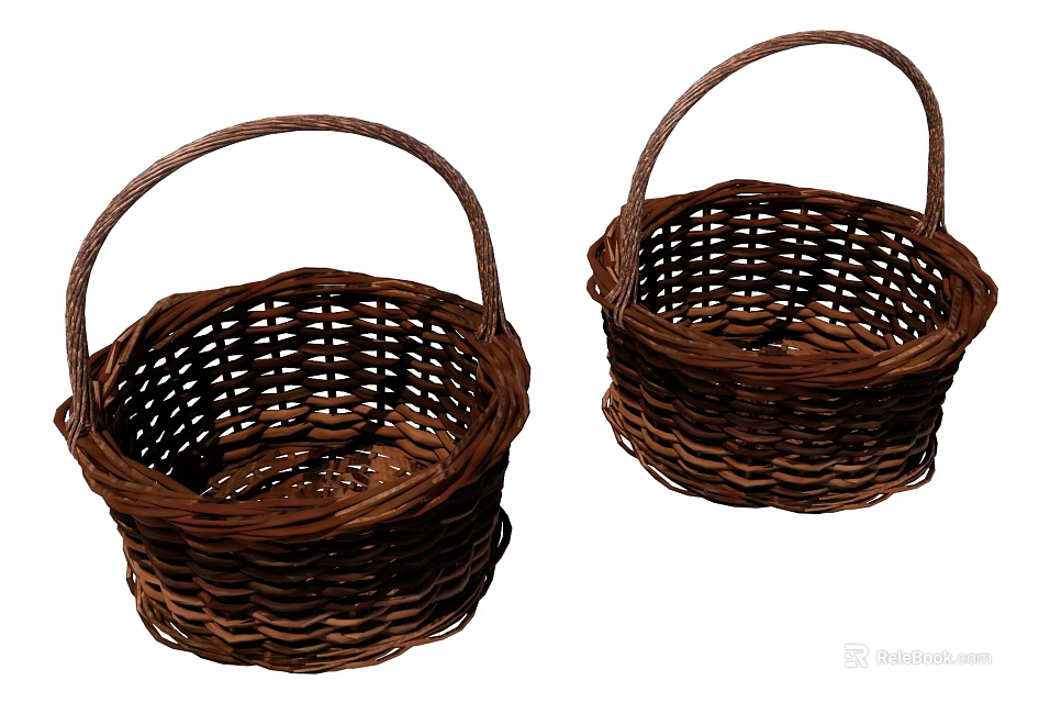 Two Garden Decorative Woven Baskets With Brown Color And Handles For Outdoor Use 3d model 