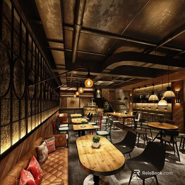 Vintage Industrial Café Interior With Wooden Tables Pendant Lights And Sofa Seats 3d model 