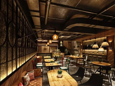 Vintage Industrial Café Interior With Wooden Tables Pendant Lights And Sofa Seats 3d model