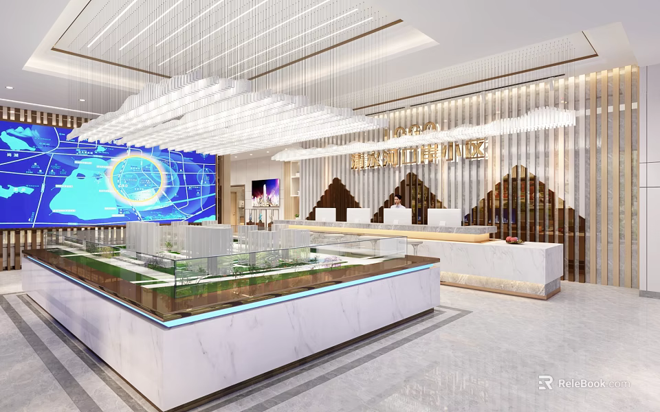 Modern Luxury Real Estate Sales Office With Property Sand Table And Elegant Reception Area 3d model 
