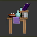 Wooden Table with Open Purple Book Green Books Blue Vase Red Bowl and Purple Cloth