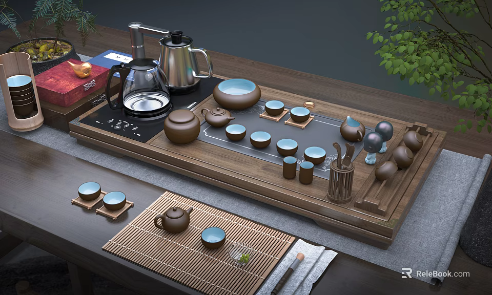 Traditional Chinese Tea Set with Wooden Tray Teapot Cups and Bamboo Mat 3d model 