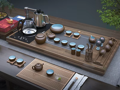 Traditional Chinese Tea Set with Wooden Tray Teapot Cups and Bamboo Mat 3d model