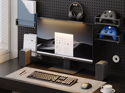 Modern Computer Gaming Setup With Monitor Keyboard Mouse Headphones And Controllers On Desk 3d model