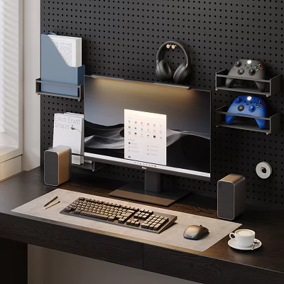Modern Computer Gaming Setup With Monitor Keyboard Mouse Headphones And Controllers On Desk 3d model