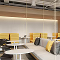 Modern Break Room With Swing Sofa Yellow Gray Cushions Black Cabinets Tables And Chairs