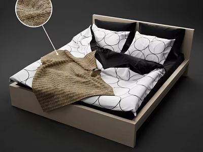 Modern Double Bed With Wooden Frame Black White Circle Patterned Sheets And Brown Knit Blanket 3d model