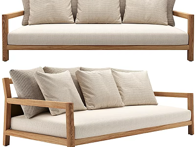 Multi Seater Sofa Featuring Wooden Frame And Beige Fabric Cushions In Minimalist Design 3d model