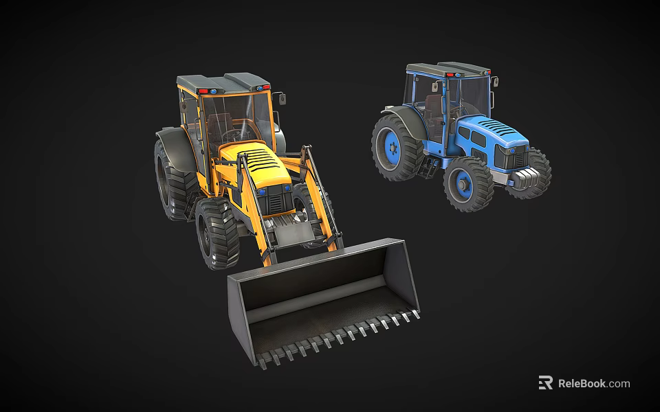 Yellow And Blue Utility Vehicles With Front Loader Buckets And Large Wheels 3d model 