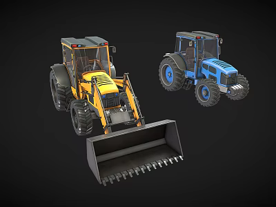 Yellow And Blue Utility Vehicles With Front Loader Buckets And Large Wheels 3d model