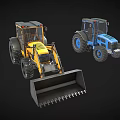 Yellow And Blue Utility Vehicles With Front Loader Buckets And Large Wheels