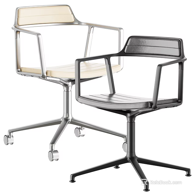 Two Modern Office Chairs With Metal Frame Armrests And Rolling Wheels In Light Dark Tones 3d model 
