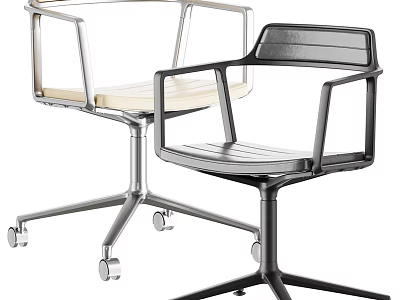 Two Modern Office Chairs With Metal Frame Armrests And Rolling Wheels In Light Dark Tones 3d model